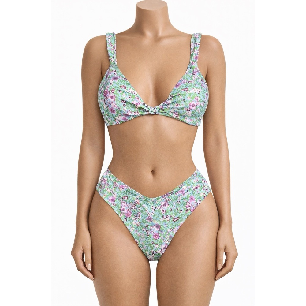 Womens Ruched Swimsuits Bikini Set High-Cut Bottom Small Green Floral Stretch
